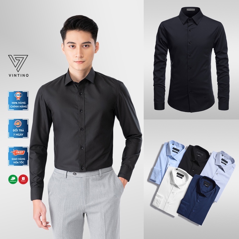 Áo sơ mi nam trơn dài tay cổ bẻ vải cotton lụa form ôm body kiểu Hàn Quốc VINTINO SMR