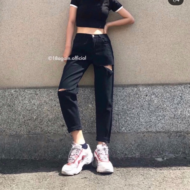 [Bigsize 40-93kg] Quần Baggy BoyFriend, Đen Rách L Đùi Ngang Gối/ Trơn, Lưng Cao Trên Rốn, Không Giãn