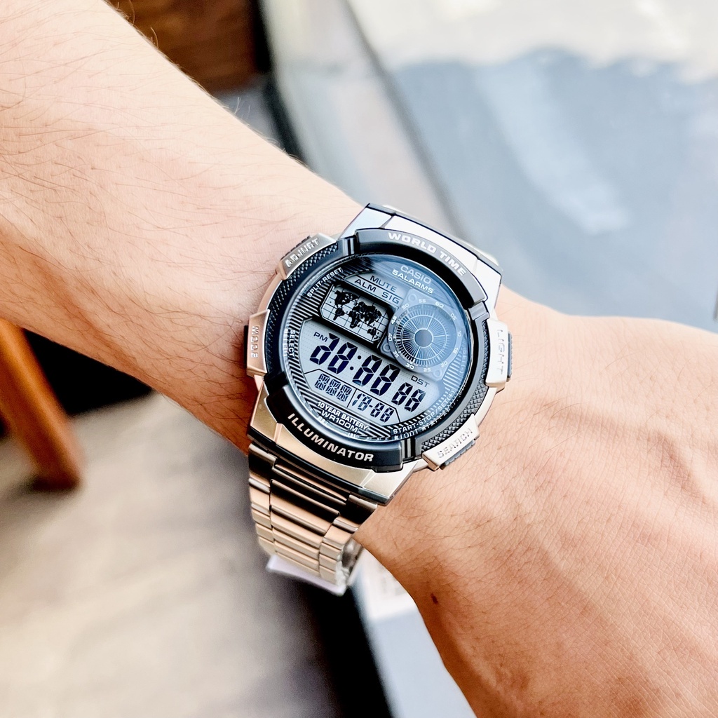 Đồng Hồ Nam Casio AE-1000WD-1A, đồng hồ chính hãng, dây kim loại, tuổi thọ pin 10 năm, world time