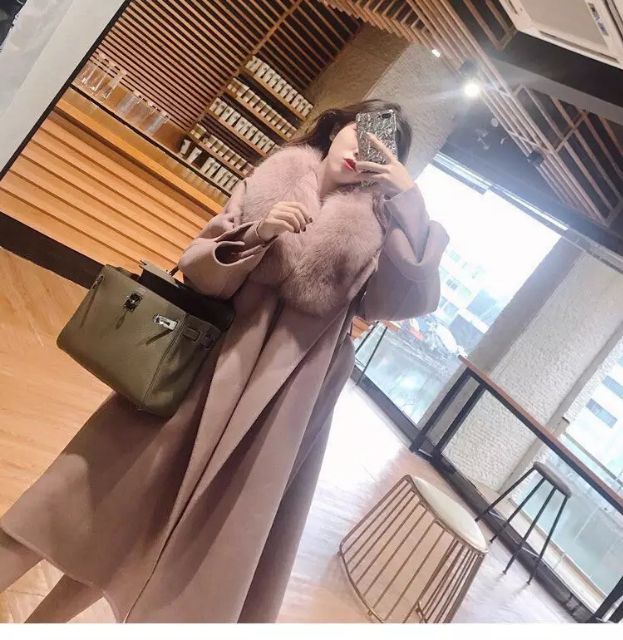 Áo khoác/choàng dạ cashmere dày mịn cổ lông thú ulzzang dáng dài sang chảnh hàng cao cấp
