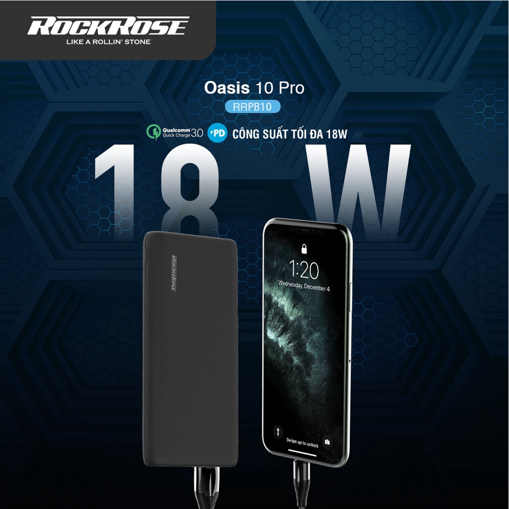 Sạc Dự Phòng Siêu Mỏng 10000mAh ROCKROSE Oasis 10 Pro QC 3.0 - Cổng USB A/ Type C Sạc Nhanh Cho Iphone/ Android