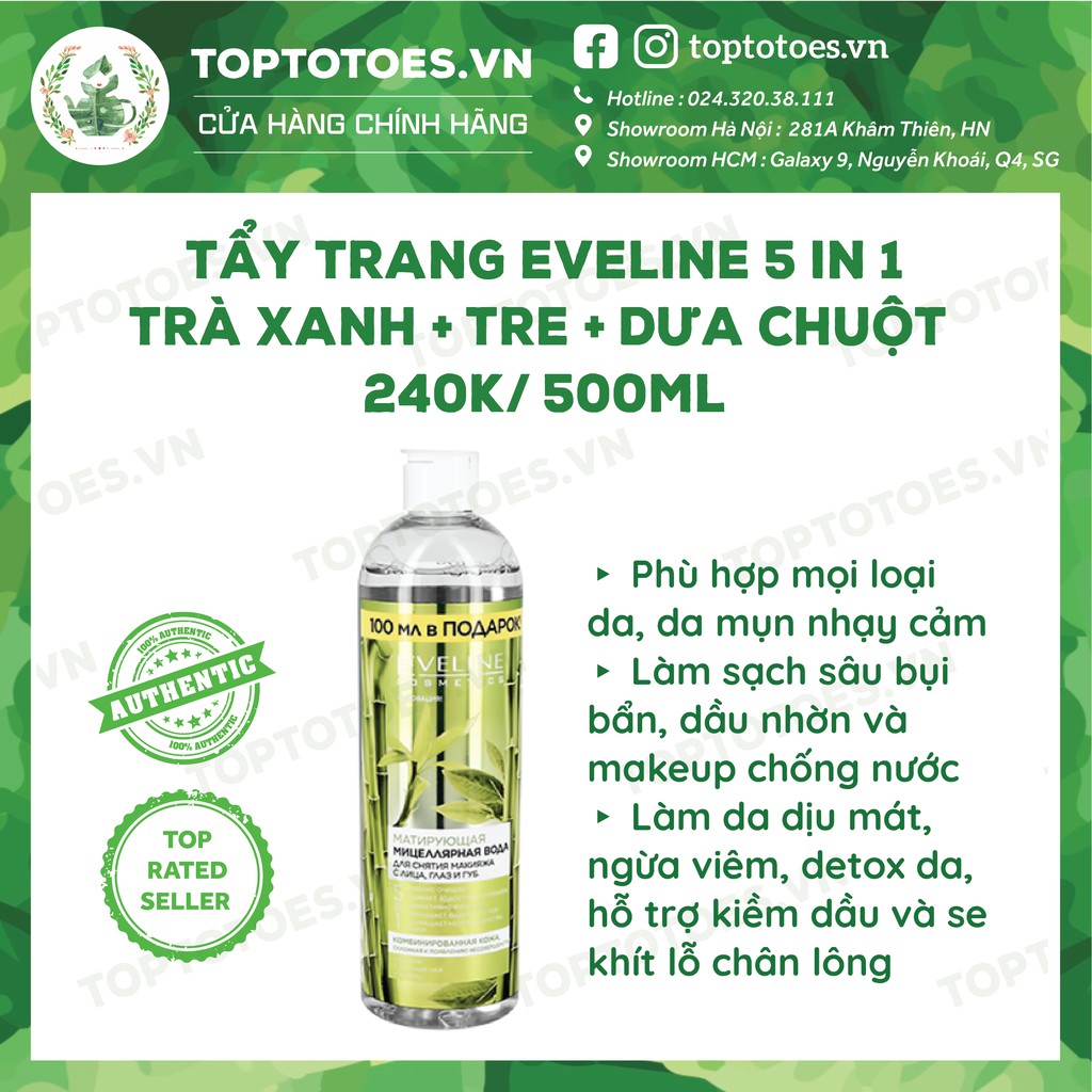 Nước tẩy trang Eveline 5-in-1 Trà xanh + Tre + Dưa chuột cho da dầu mụn, nhạy cảm 500ml