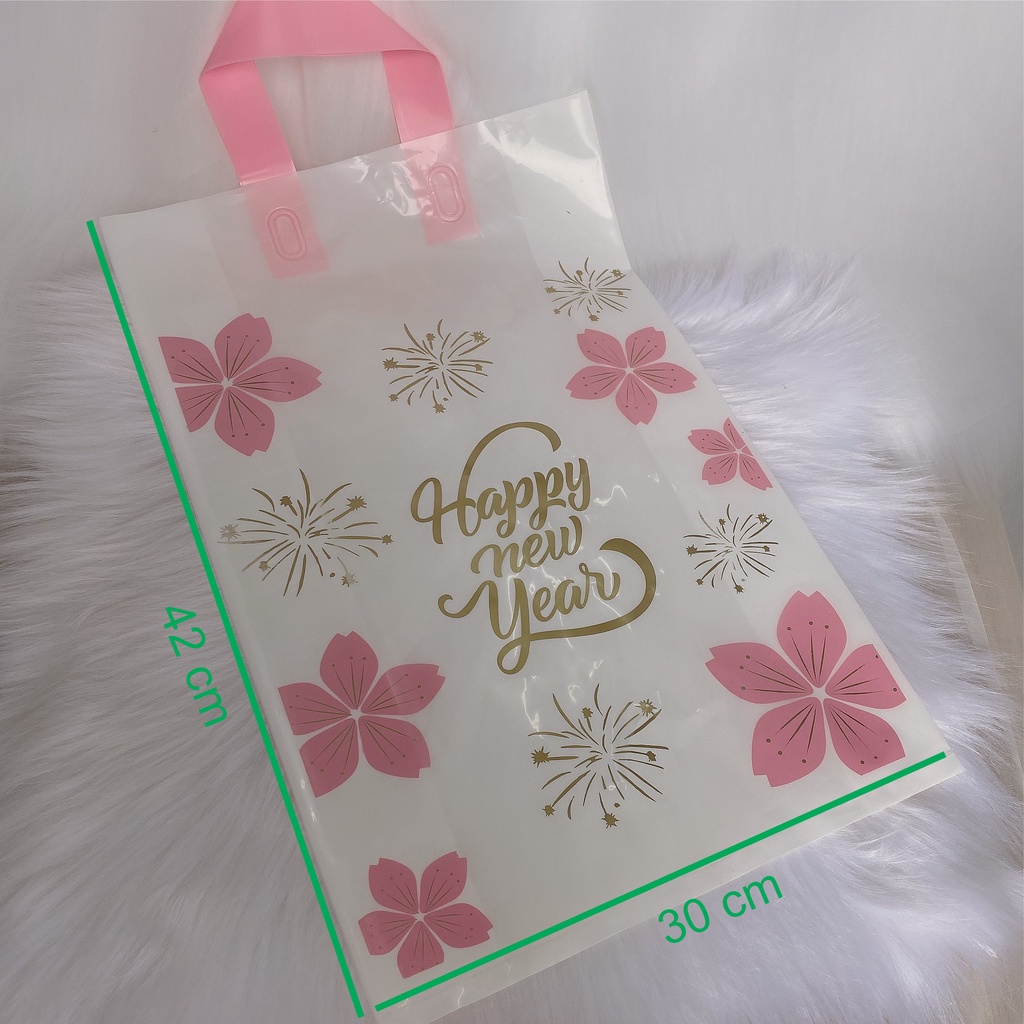 [COMBO 5 TÚI] túi đựng quà tết có hình hoa đào, pháo bông in sẵn chữ Happy New year ép quai hồng dẽo dai sang trọng