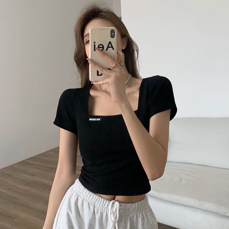 [GIÁ XƯỞNG] Áo thun croptop nữ tay ngắn cổ vuông 🍓 Chất thun co giãn mịn đẹp 🍓 Mèo Kho Sỉ hàng Quảng Châu