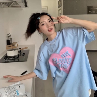 Áo Thun 100% cotton Tay Ngắn Dáng Rộng In Hình Trái Tim Thời Trang Mùa Hè Hàn Quốc Cho Nữ