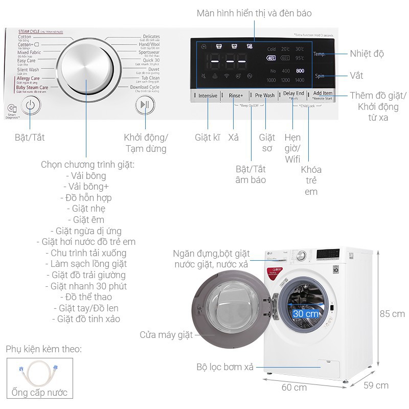 Máy giặt LG inverter 8.5KG FV1408S4W lồng ngang - Freeship