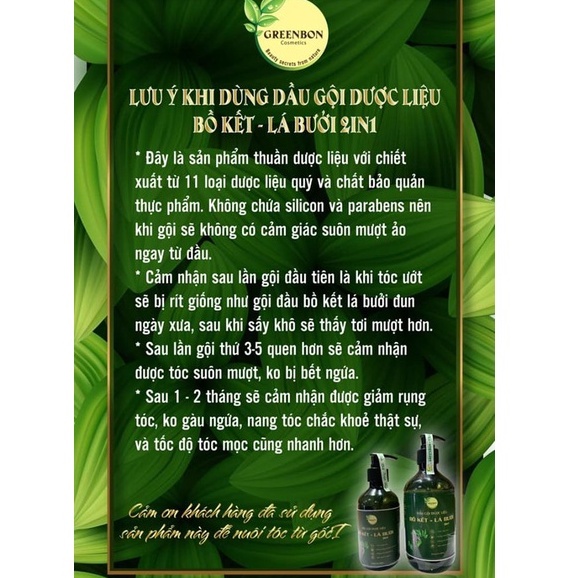 Dầu gội dược liệu Bồ kết – Lá bưởi 2in1 GREENBON,100% Chiết xuất từ thiên nhiên