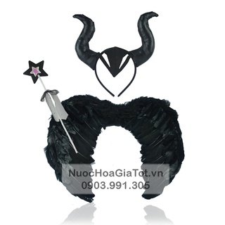 Phụ kiện hóa trang Halloween cánh lông vũ cài sừng đen nàng tiên hắc ám MALEFICENT phù thủy cho bé gái người lớn