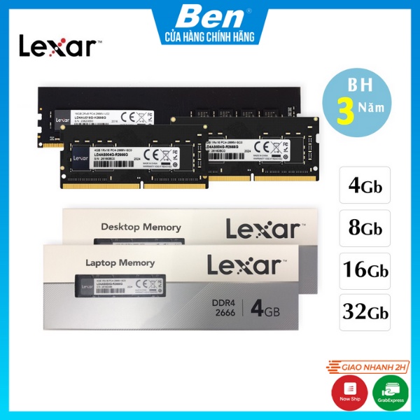 Ram laptop, máy tính pc 4Gb 8GB 16Gb Lexar DDR4 Bus 2666 3200 LD4AU008G BH 36 Tháng