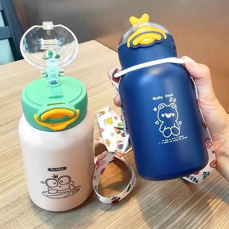 Bình nước giữ nhiệt cute cho bé lõi inox có ống hút dung tích 420ml hình ngô nghĩnh MiibooShi D2.075.VA