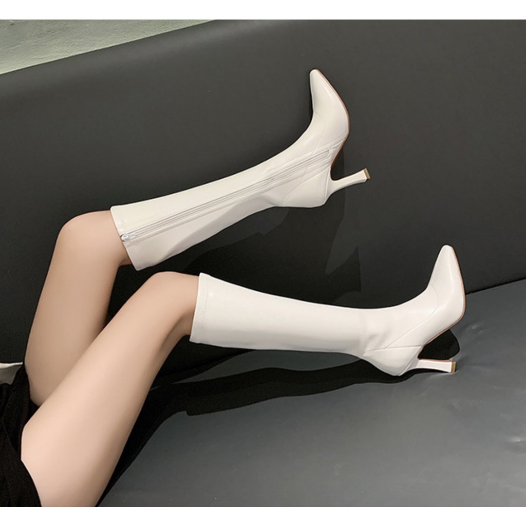 Boots nữ cổ cao dưới gối màu trắng gót nhỏ 9cm GCC12002