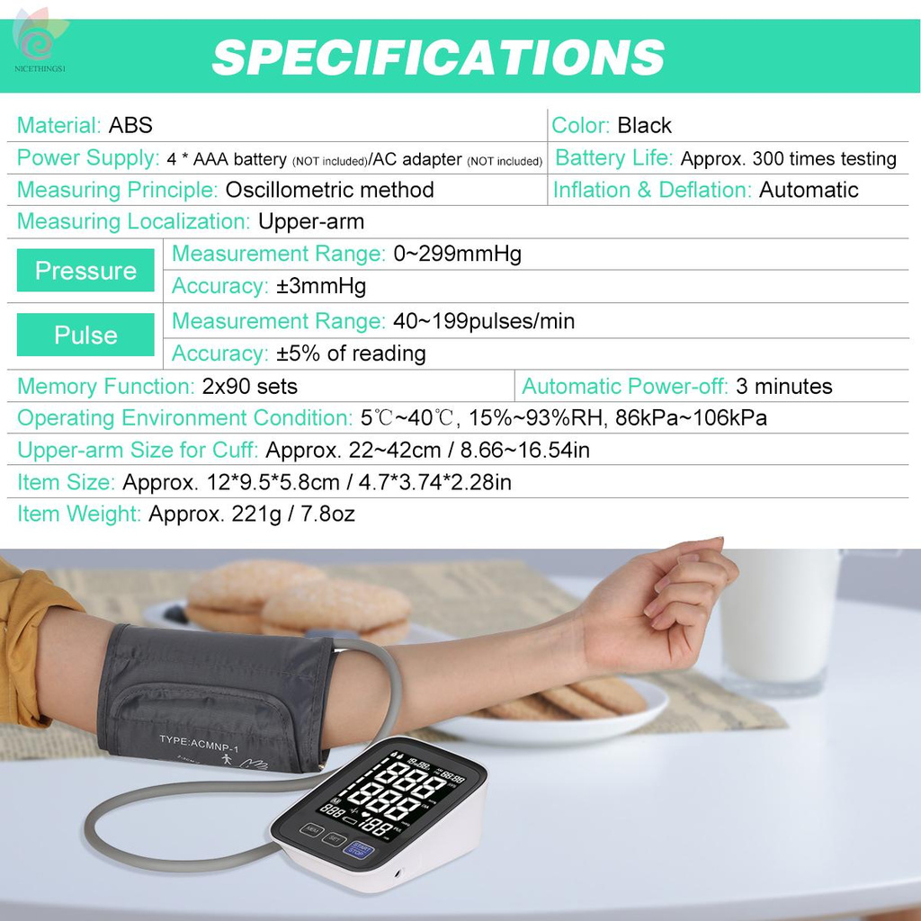 ET U80N Automatic Upper-arm Blood Pressure Monitor Digital Blood Pressure Meter with Large Cuff Fits 8.7-inch to 16.5-inch Upper-arm Support 2×90 Sets of Data Record Irregular Heart Beat Pulse Machine BP Meter for Medical Household Use