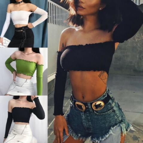 Áo thun croptop trễ vai tay dài gợi cảm hợp thời trang cho nữ  ྇