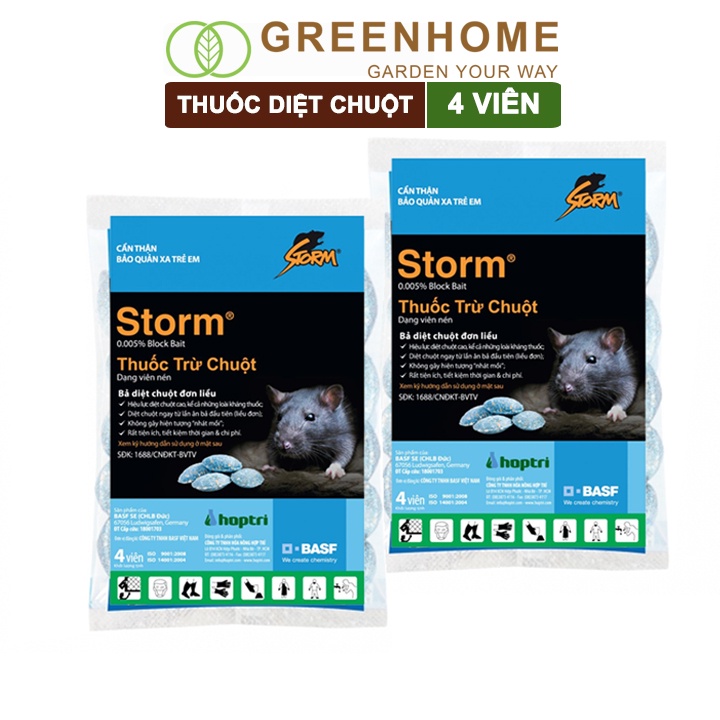 Bộ 2 Thuốc diệt chuột sinh học Storm, gói 4 viên, hiệu quả, an toàn với người, vật nuôi |Greenhome