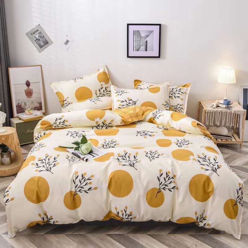 Bộ chăn ga gối Hàn Quốc hoa vàng bay hiện đại bo chun đủ kích thước.