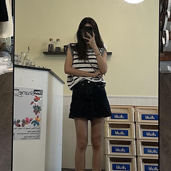 Áo thun ZHELIHANGFEI vải dệt kim không tay dáng rộng kẻ sọc ngang cá tính