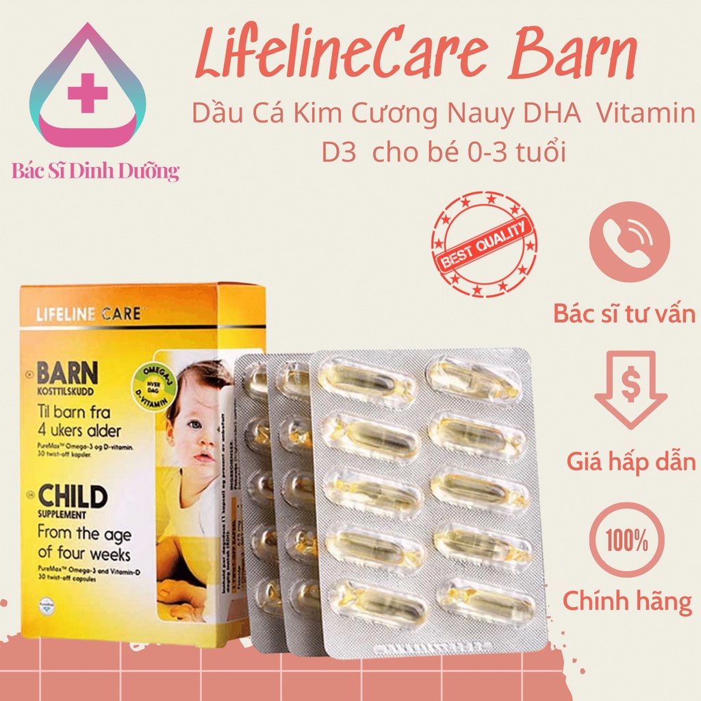 [Chính Hãng]  Dầu cá kim cương DHA + vitamin D3 Barn Lifelien Care Nauy không chất bảo quản cho bé từ sơ s