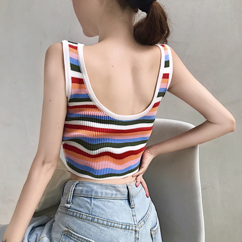Áo Hai Dây Cotton Kẻ Sọc Cầu Vồng Xinh Xắn Cho Nữ