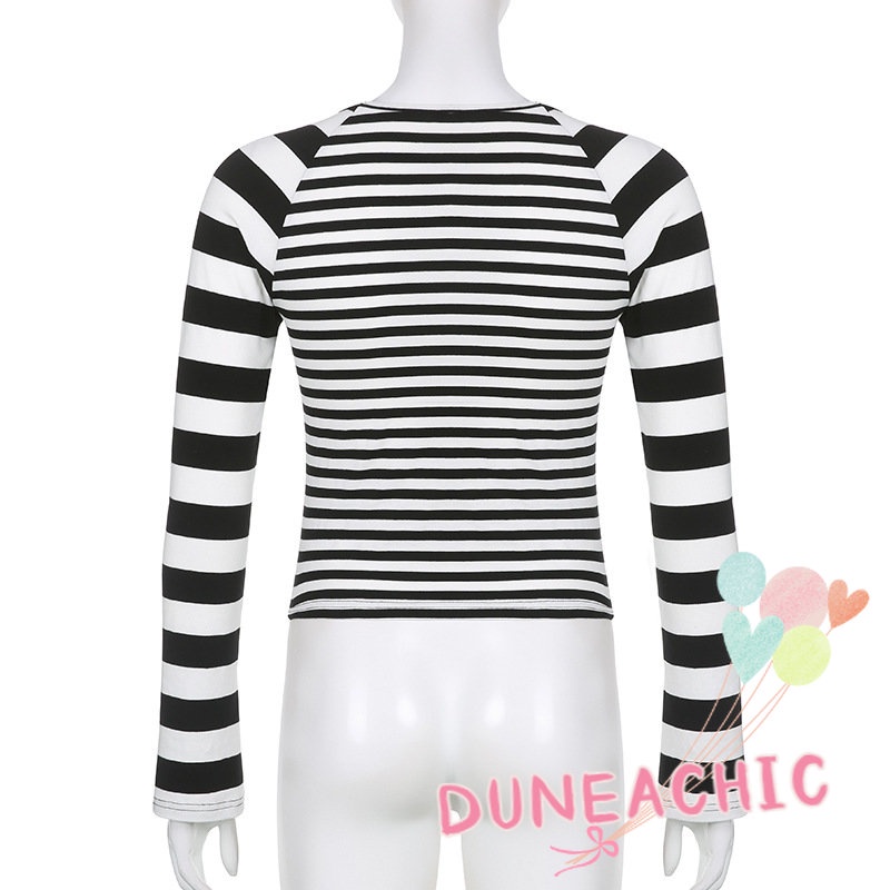 DUNEA Áo Croptop Tay Dài Kẻ Sọc In Hình Ngôi Sao Thời Trang Cho Nữ