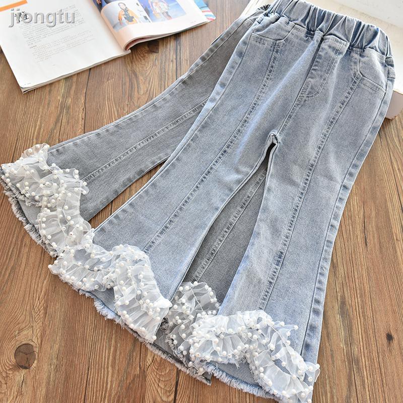 Quần Jeans Ống Loe Phối Lưới Đính Ngọc Trai Phong Cách Hàn Quốc Cho Bé Gái