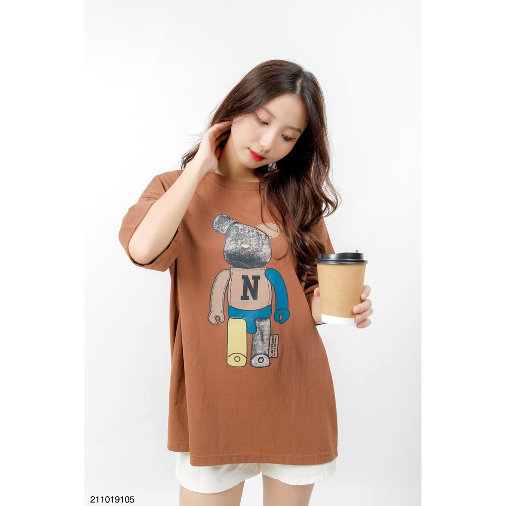 Áo thun form rộng nữ FM Style tay lỡ oversize hoạ tiết gấu bear freesize phong cách Hàn Quốc Ulzzang 211019100