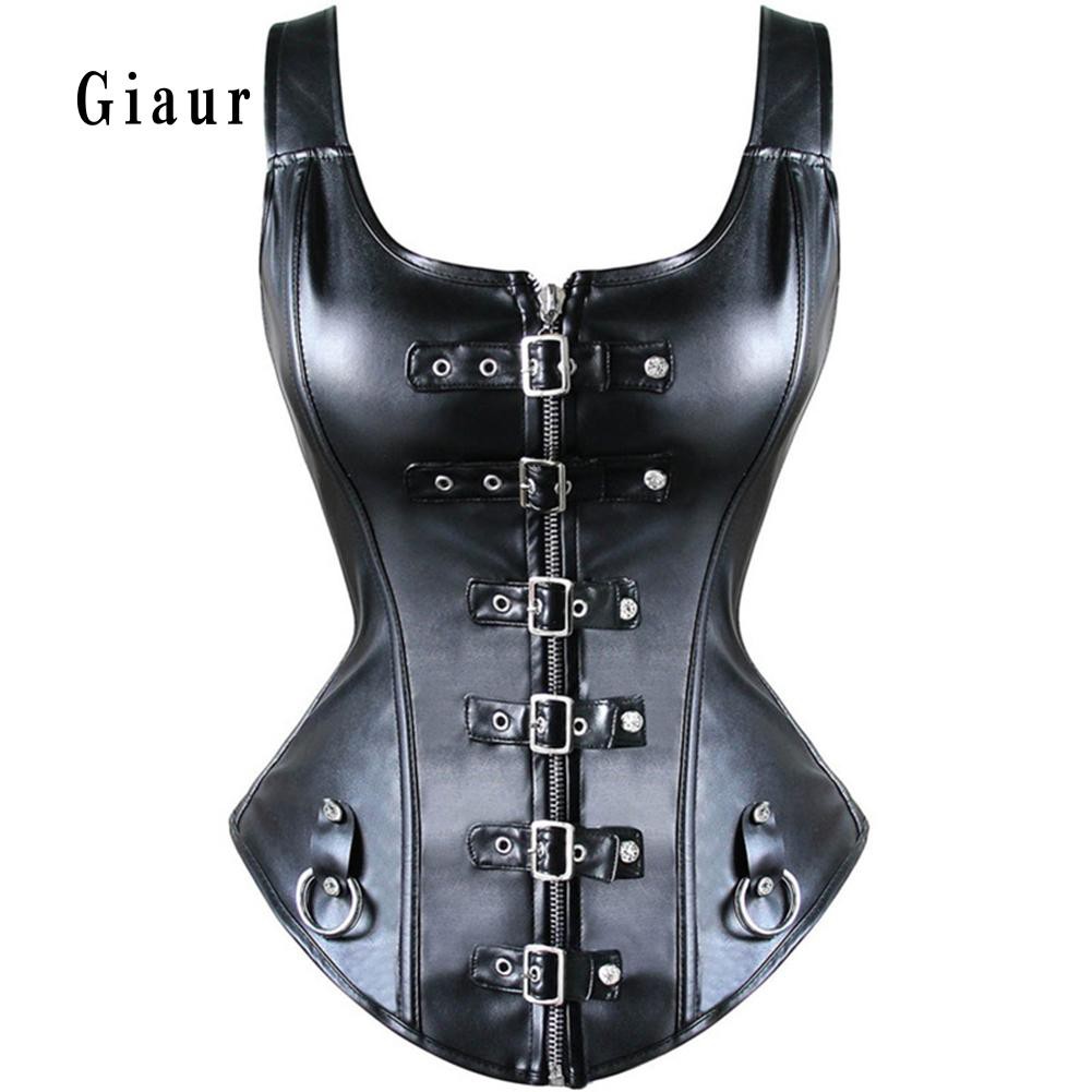 Áo corset chất liệu da giả màu trơn trang trí nhiều khóa kim loại độc đáo giúp định hình cơ thể cho nữ