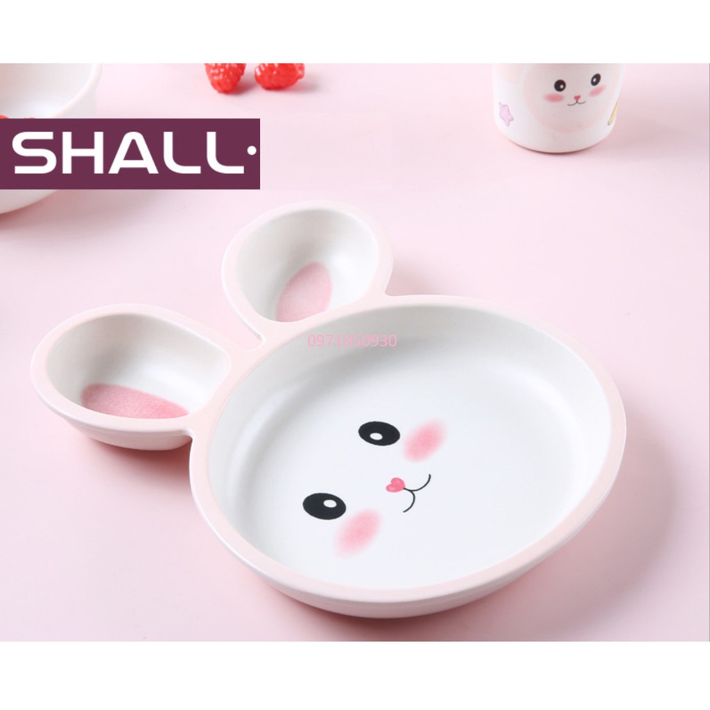 Set 5 món Khay, Bát, Cốc, Thìa, Dĩa ăn dặm hình thỏ hồng hữu cơ tự nhiên SHALL