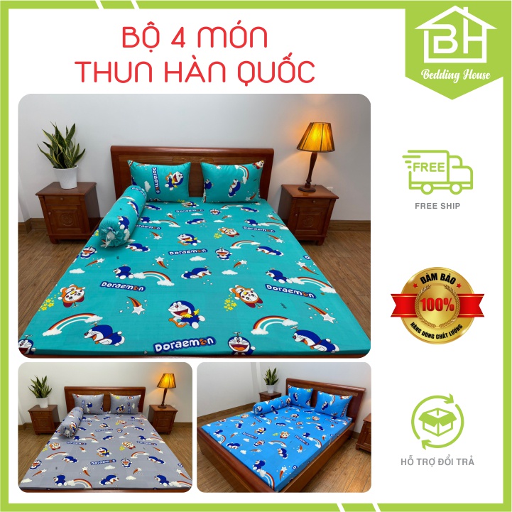 Bộ ga trải giường Doraemon thun lạnh Hàn Quốc (1 ga trả giường, 2 gối nằm + 1 gối ôm)