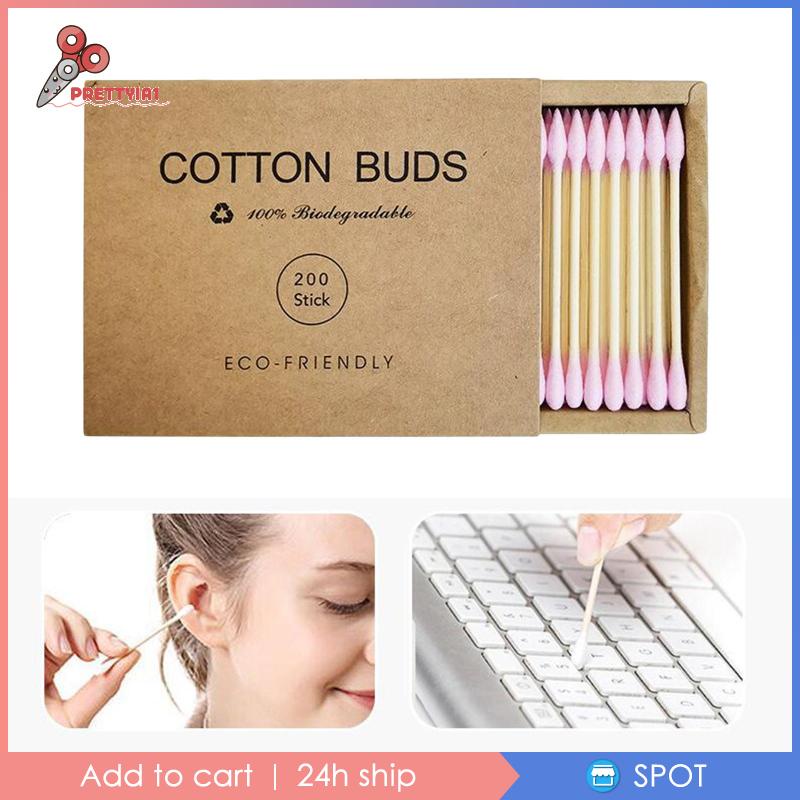 Set 1 / 200 Tăm Bông Cotton Vệ Sinh Tai Mũi Hai Đầu Màu Hồng Prettyia1