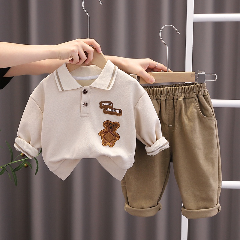 Set Áo Thun polo In Hình Gấu & Quần Dài Thời Trang Cho Bé Trai 0-6 Tuổi