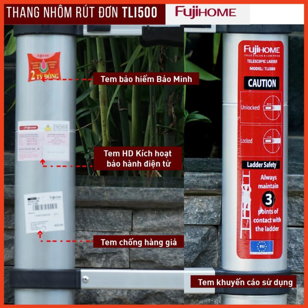 Thang nhôm rút đơn FUJIHOME 3,8M - 5M gấp gọn chính hãng, thang rút xếp gọn gia đình đa năng Nhập Khẩu Nhật Bản