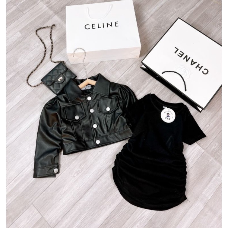 Set áo khoác da kèm váy body  sang chảnh bé gái
