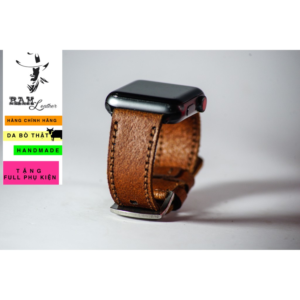 Dây Đồng Hồ Thủ Công AW , Iwatch , Iphone Watch Da Bò Thật RAM Leather Buttero Nâu Đỏ  Bền Đẹp