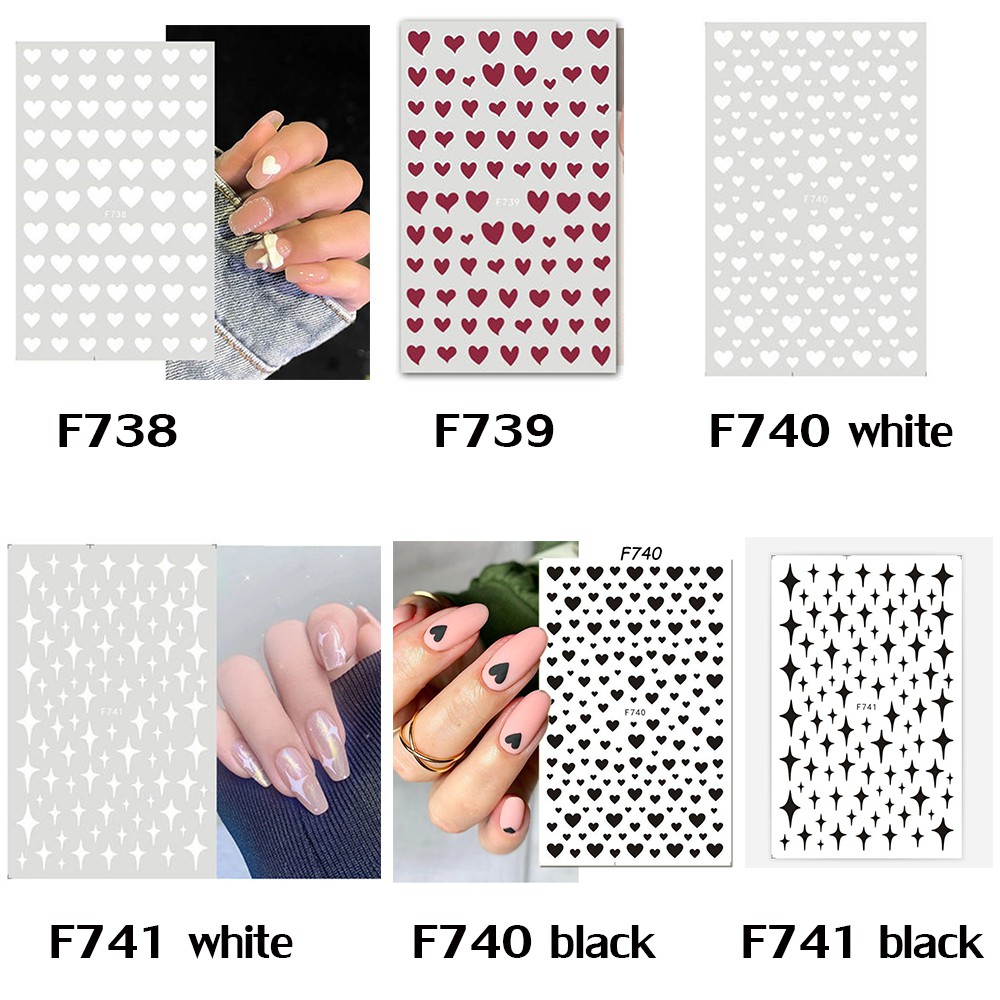Nhãn Dán Trang Trí Móng Tay 3D Tự Dính DIY Hình Trái Tim Ngôi Sao Màu Đỏ Đen Trắng