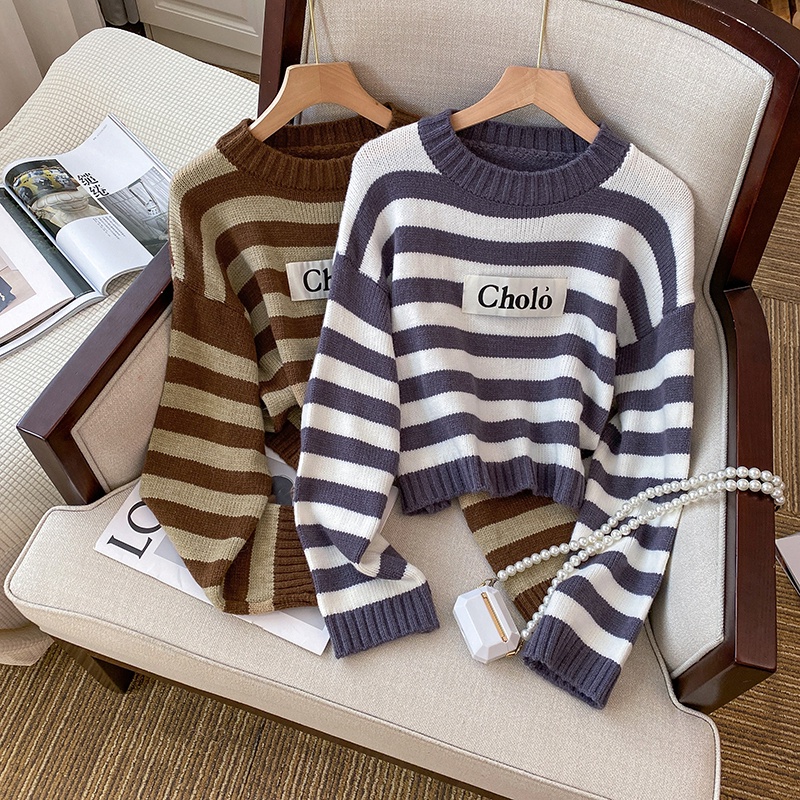 Áo Thun Lửng Tay Dài Cổ Tròn Họa Tiết Kẻ Sọc Thời Trang Thu Đông Cho Nữ