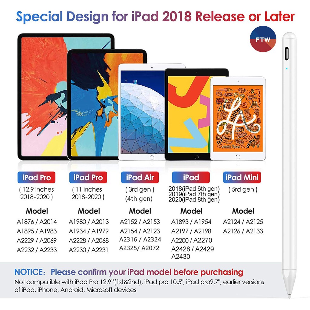 Thế Hệ Thứ Sáu Pro Bút Chì Bút Cảm Ứng Cho IPad Air 10.9 4th Gen/Pro 11 12.9/Mini 5/10.2 7/8 Gen Lòng Bàn Tay Bác Bỏ