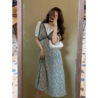 (ORDER) Váy yếm hai dây hoa nhí cổ V phối ren suông dài điệu đà vintage Hàn Quốc mùa hè nữ tính