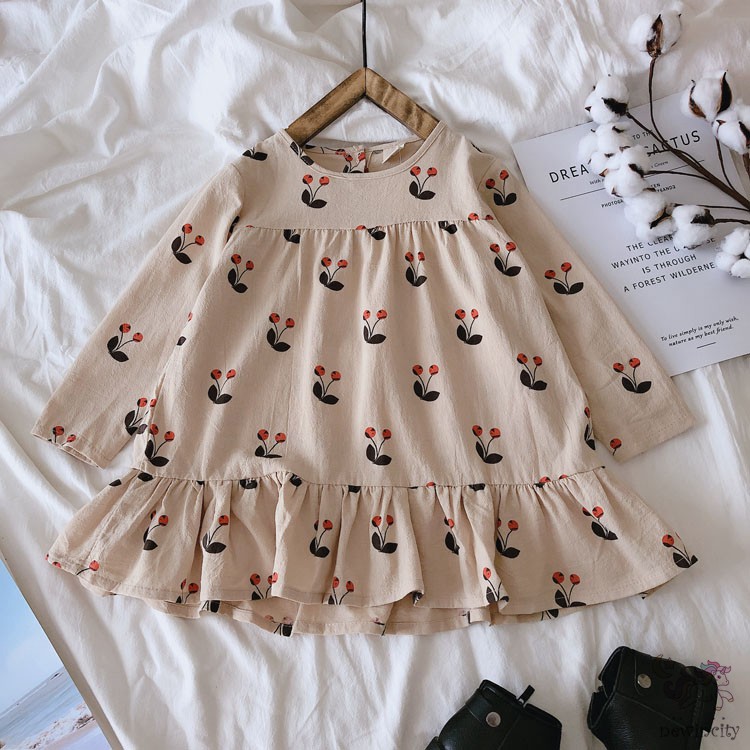 Đầm bé gái tay dài in trái cherry xinh xắn phong cách Hàn Quốc