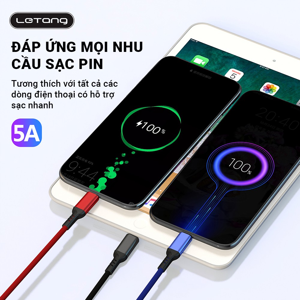 Cáp sạc nhanh 3 IN 1 sạc nhanh 5A LETANG LT-ET-06 đầu cáp hợp kim nhôm chắc chắn, thân cáp bọc sợi nylon BH 1 ĐỔI 1