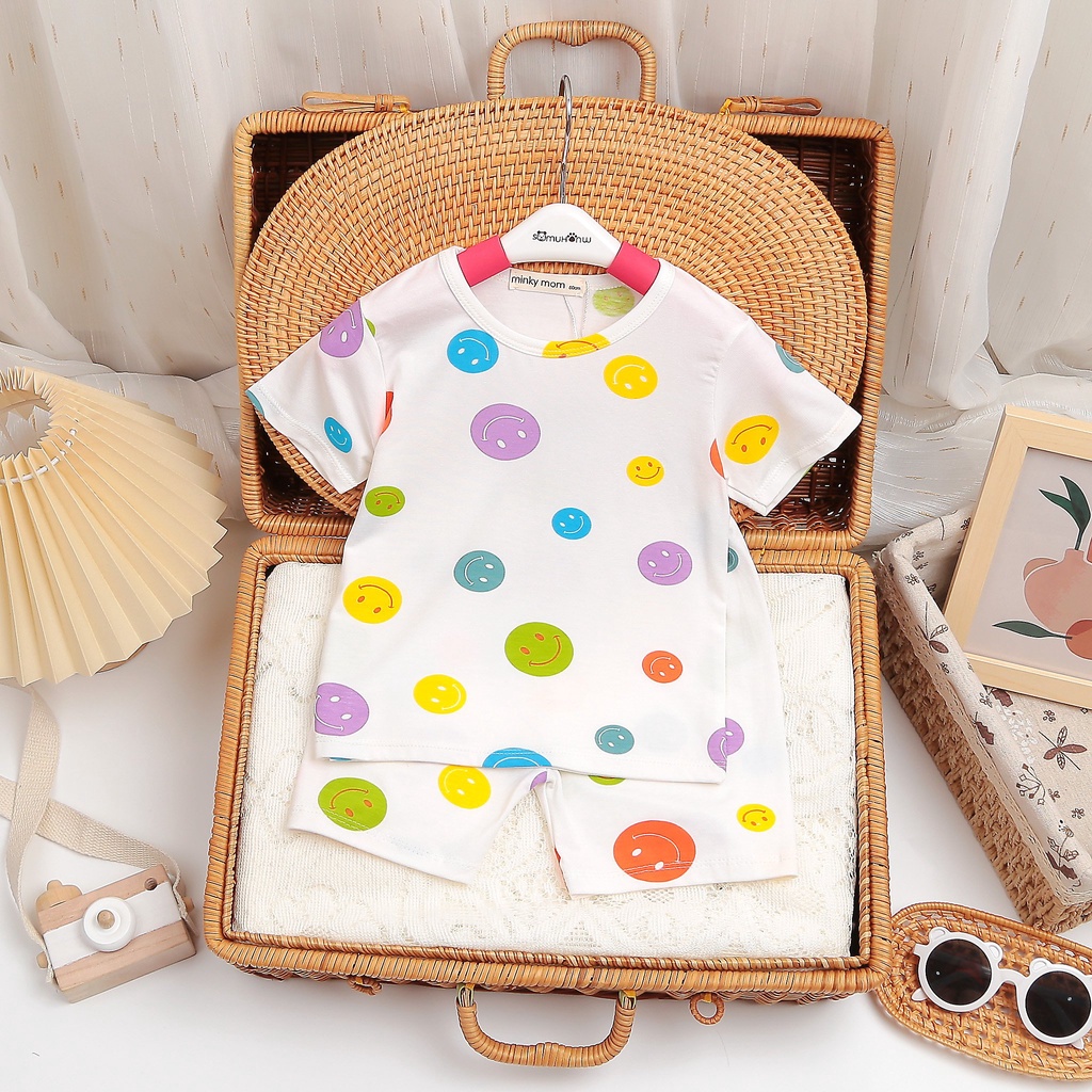 Bộ Cộc Tay Cho Bé Trai Bé Gái Minky Mom Vải Thun Lạnh Họa Tiết Mặt Cười, Bộ Quần Áo Cho Bé Mặc Nhà BC BA03