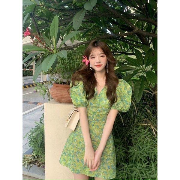 ĐẦM HOA NÚT CỔ TAY PHỒNG