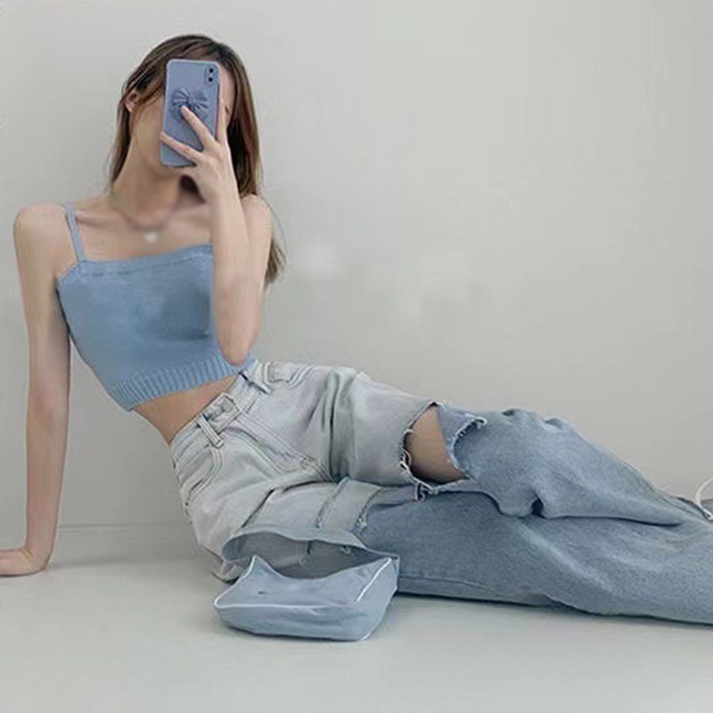 Quần jean dài lưng cao ống rộng phối rách màu gradient phong cách retro Âu Mỹ cá tính cho nữ