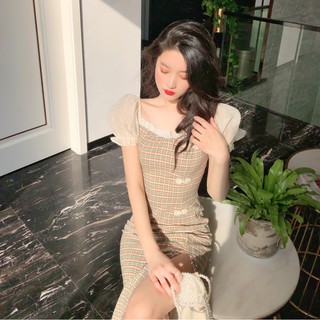 (ORDER) Váy sườn xám cổ vuông tay bồng kẻ sọc dáng dài xẻ tà gợi cảm sang chảnh