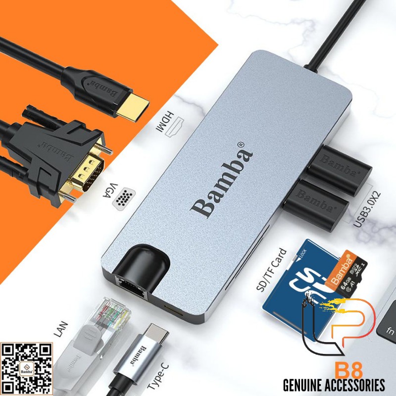 HUB CHUYỂN USB TYPE-C RA 2 USB 3.0+ 2 ĐỌC THẺ+1HDMI+1 VGA+1RJ45 (1000)+1USB C BAMBA B8 (8.1)