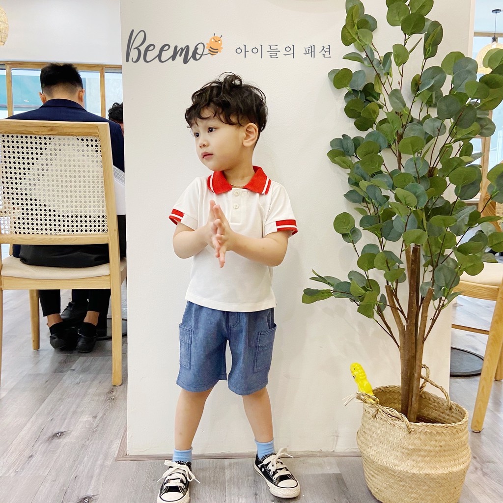 Bộ bé trai cộc tay Beemo, phong cách Polo, Quần giả Jean ( Denim) hàng xuất Âu Mỹ B043