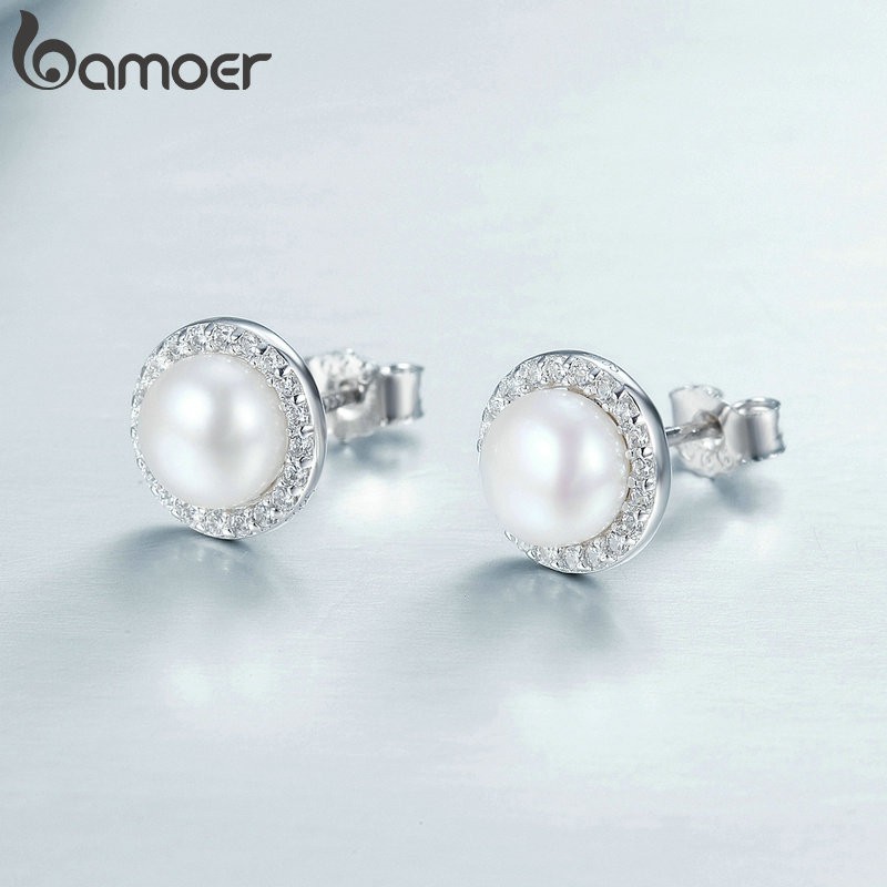 BAMOER Bông Tai BạC 925 Đính Đá CZ Hình Giọt Nước SCE122