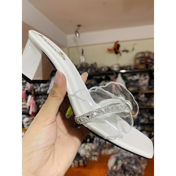 Dép guốc nữ nơ đá 5cm 7 phân quai đế vuông trong mica rẻ