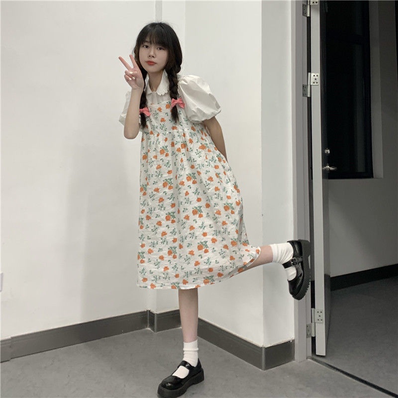 Đầm hai dây dáng rộng họa tiết hoa phong cách Nhật Bản thời trang xinh xắn cho nữ