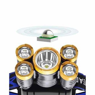 Đèn Pin Đội Đầu Đeo Trán 5 Bóng T6 Siêu Sáng Kèm Cáp Sạc Siêu Tiện Lợi