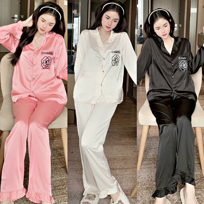 Đồ bộ pijama LỤA LATIN tay dài quần dài phối bèo hàng thiết kế cực xinh và sang trọng cho bạn nữ phom dáng rộng rãi